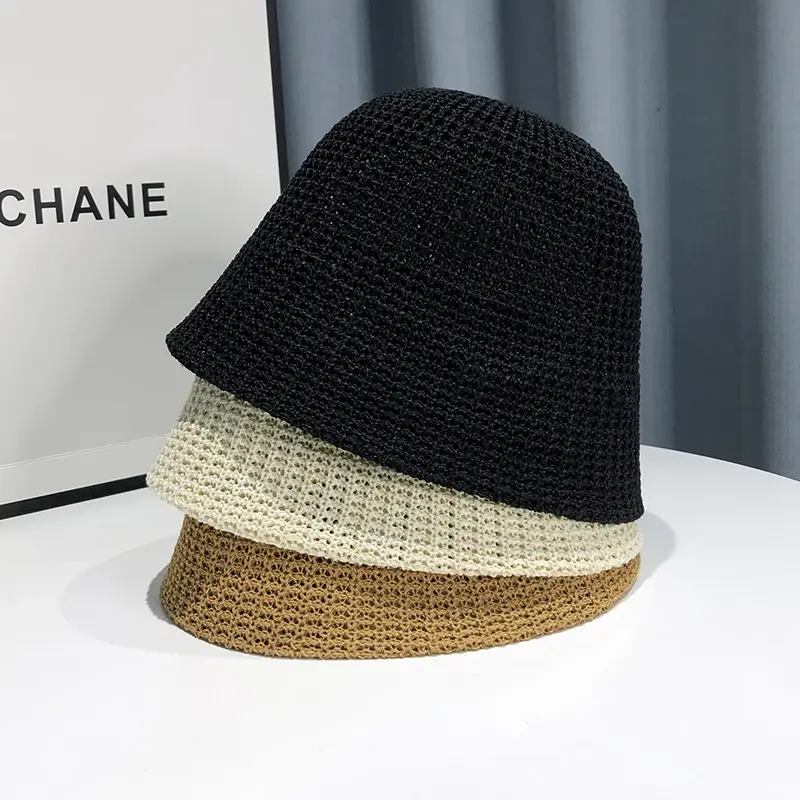 Summer Hollow Woven Fisherman Bucket Hat Women Thin Breathable Sunshade Basin Hat Japanese Bucket Sun Hat