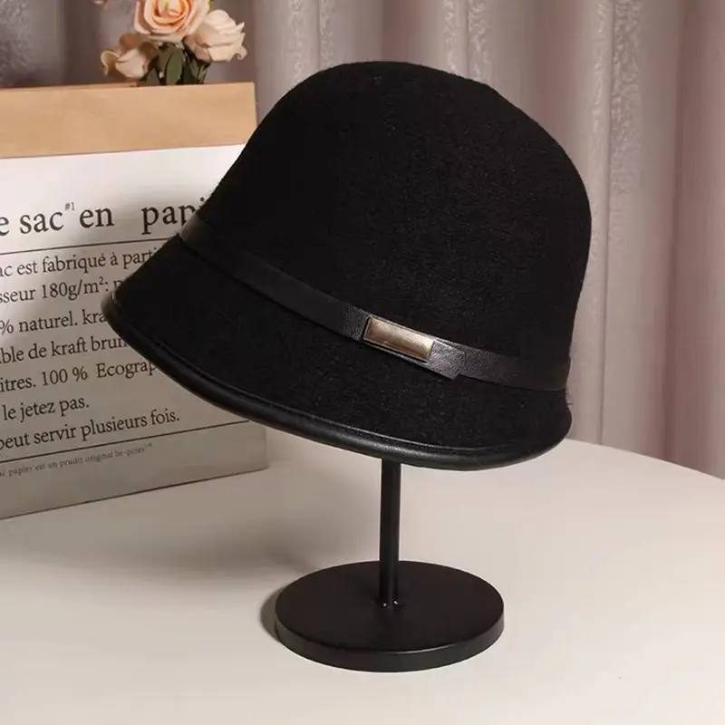 New style autumn winter woolen elegance female patchwork flat top retro casual fashion warm soft wear adjust bowler bucket hat