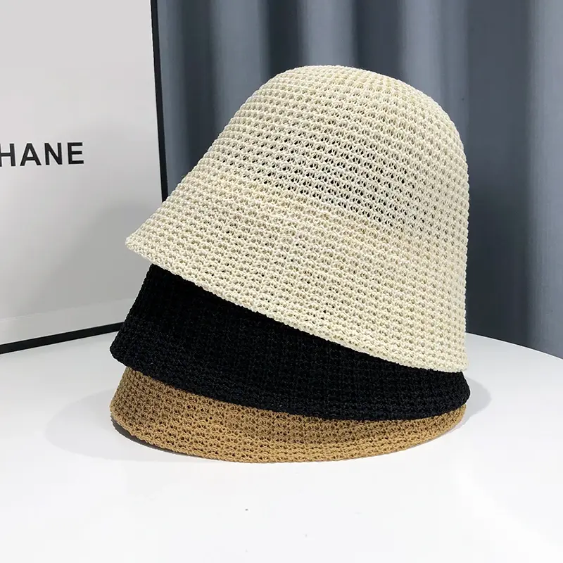Summer Hollow Woven Fisherman Bucket Hat Women Thin Breathable Sunshade Basin Hat Japanese Bucket Sun Hat