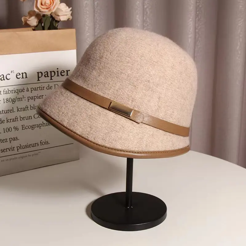 New style autumn winter woolen elegance female patchwork flat top retro casual fashion warm soft wear adjust bowler bucket hat