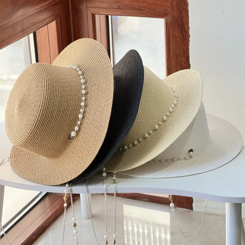 2025 New French Flat Top Straw Hat for Women, Big Head Waist, Beach Top Hat, Woven Pearl Chain Sunscreen Hat