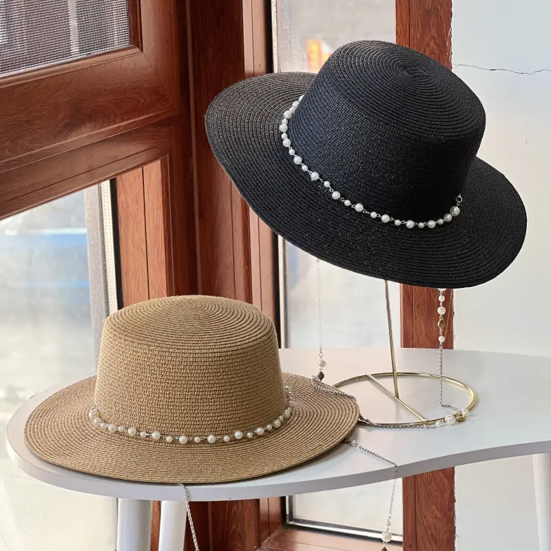 2025 New French Flat Top Straw Hat for Women, Big Head Waist, Beach Top Hat, Woven Pearl Chain Sunscreen Hat