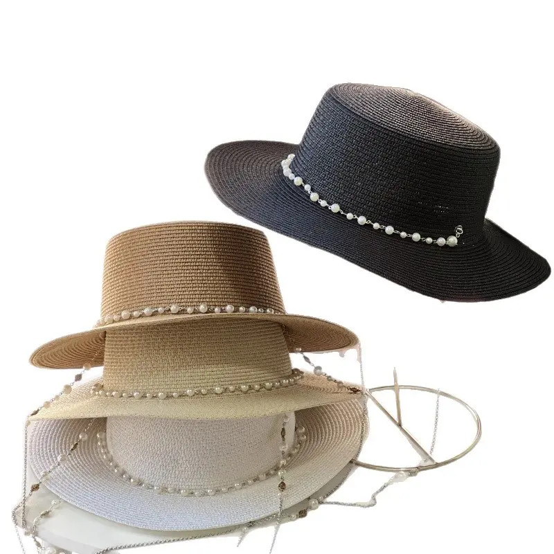 2025 New French Flat Top Straw Hat for Women, Big Head Waist, Beach Top Hat, Woven Pearl Chain Sunscreen Hat