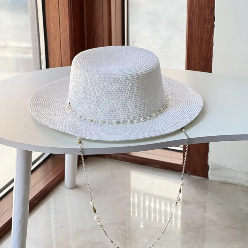 2025 New French Flat Top Straw Hat for Women, Big Head Waist, Beach Top Hat, Woven Pearl Chain Sunscreen Hat