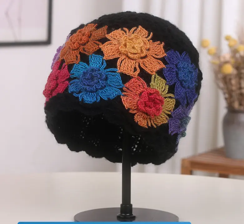 Gradient Colored Flower Handmade Knitted Pile Cap, Ethnic Style Retro Elegant Autumn And Winter Warm Woolen Hat Hollowed Out Hat