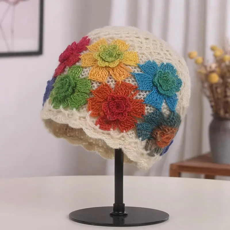Gradient Colored Flower Handmade Knitted Pile Cap, Ethnic Style Retro Elegant Autumn And Winter Warm Woolen Hat Hollowed Out Hat