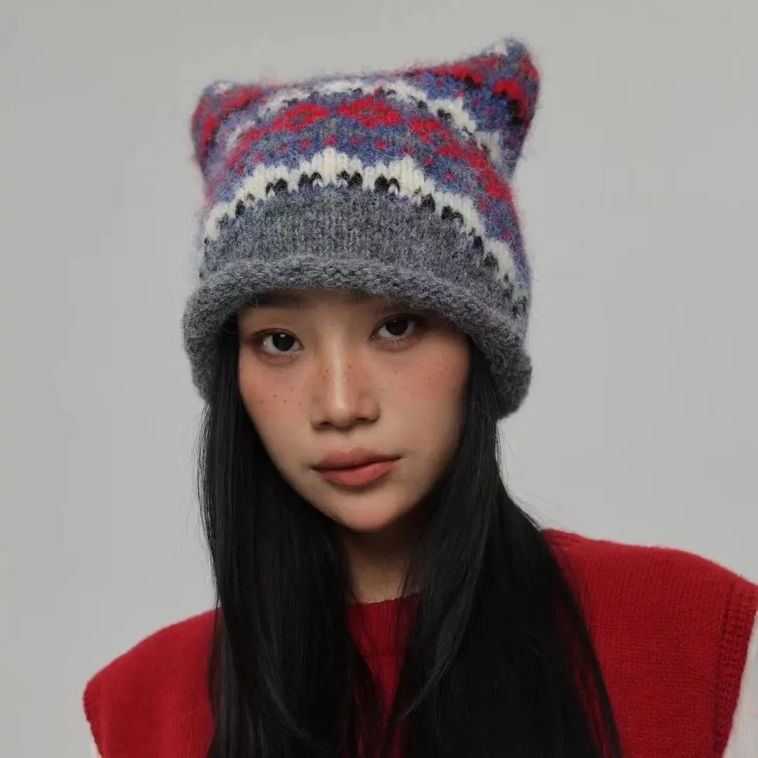 New Cat Ear Colored Striped Hollow Knitted Hat for Children in Autumn and Winter, Warm and Versatile Knitted Hat for Men