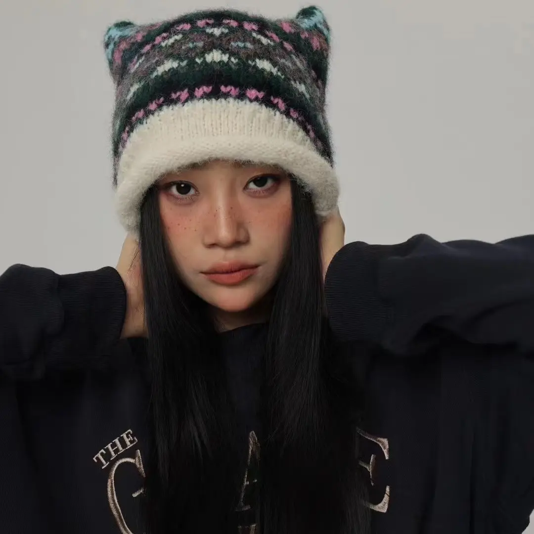 New Cat Ear Colored Striped Hollow Knitted Hat for Children in Autumn and Winter, Warm and Versatile Knitted Hat for Men