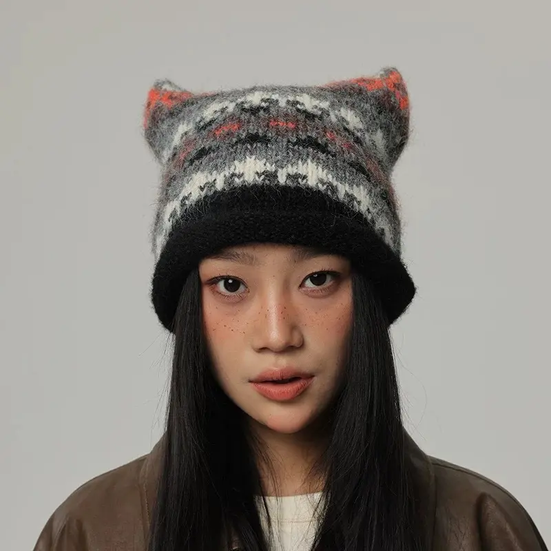 New Cat Ear Colored Striped Hollow Knitted Hat for Children in Autumn and Winter, Warm and Versatile Knitted Hat for Men