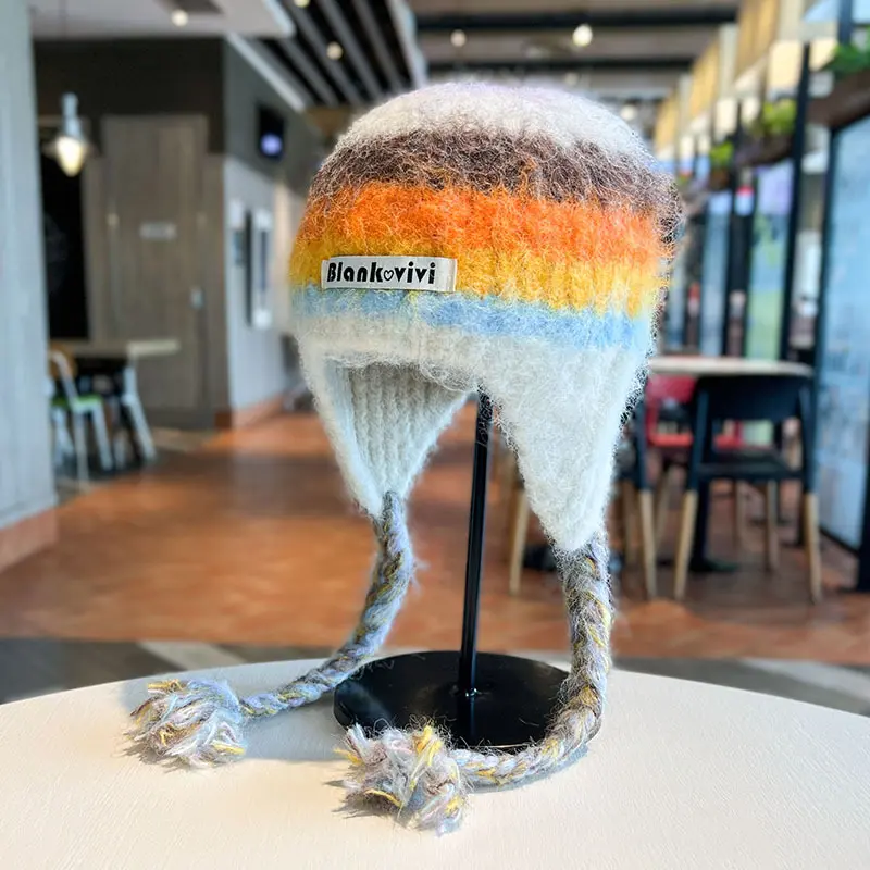 New Fashionable Plush Hat for Children, Cute Braided Ear Protection Hat, Autumn and Winter Soft and Sticky Knitted Yarn Hat
