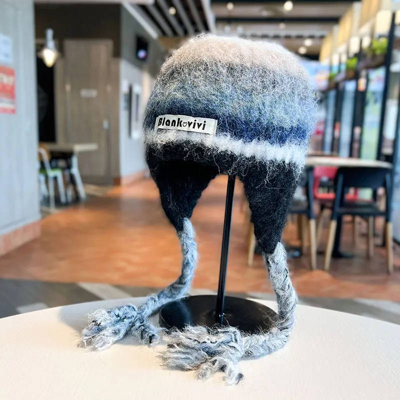 New Fashionable Plush Hat for Children, Cute Braided Ear Protection Hat, Autumn and Winter Soft and Sticky Knitted Yarn Hat