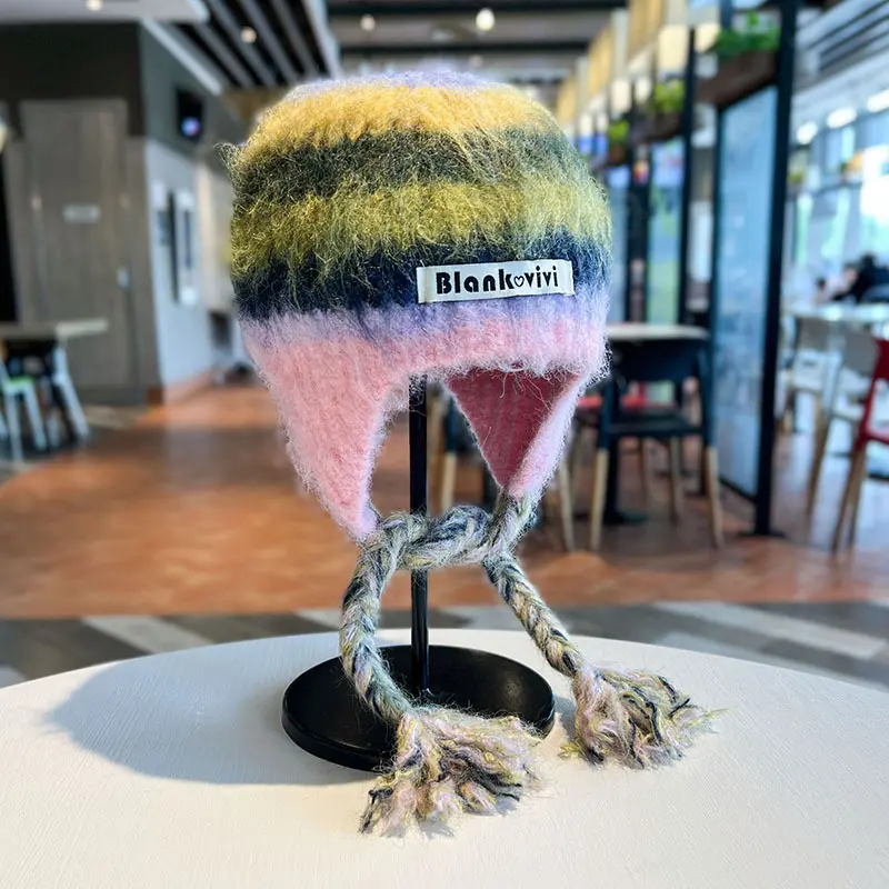 New Fashionable Plush Hat for Children, Cute Braided Ear Protection Hat, Autumn and Winter Soft and Sticky Knitted Yarn Hat