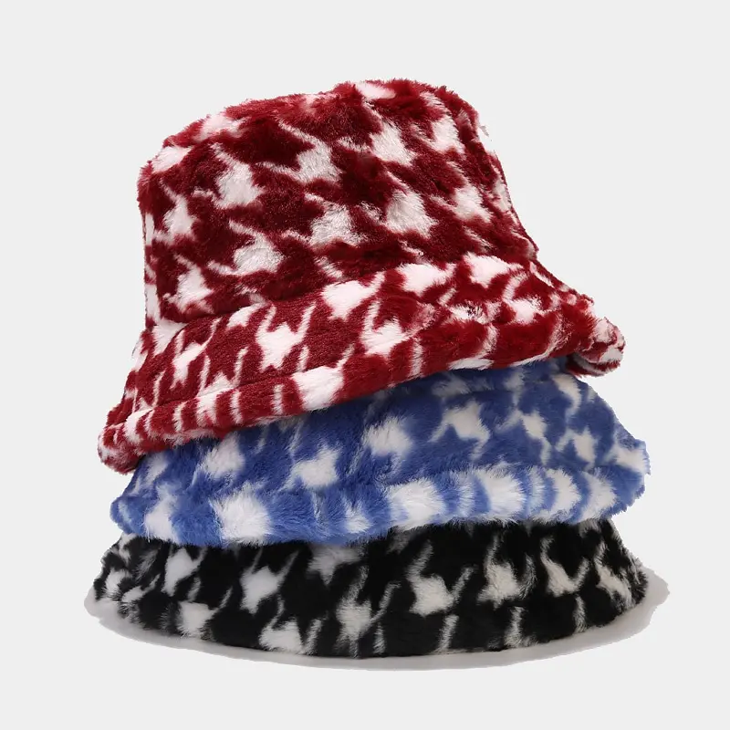 Autumn and Winter Fisherman Hat Women's New Thick Plush Travel Warm Qianniao Grid Basin Hat Imitation Rabbit Fur Hat