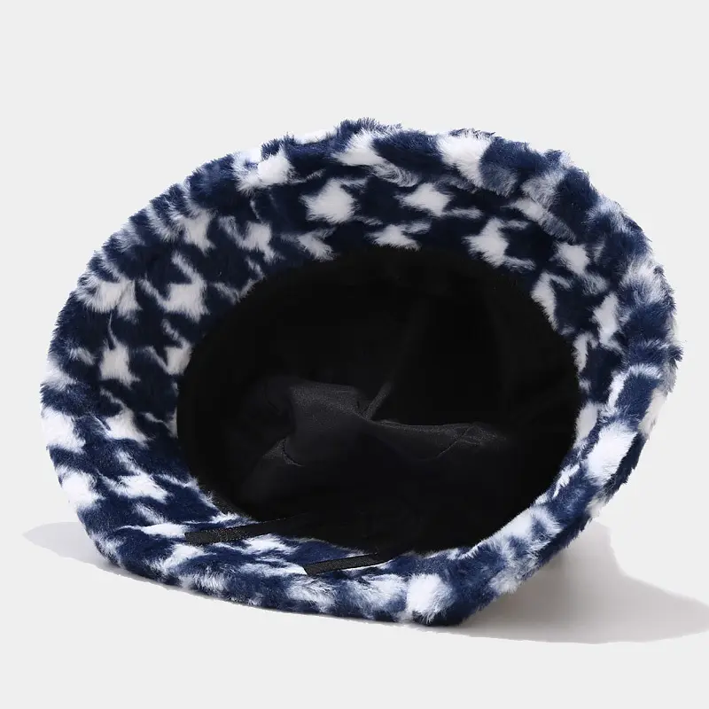 Autumn and Winter Fisherman Hat Women's New Thick Plush Travel Warm Qianniao Grid Basin Hat Imitation Rabbit Fur Hat