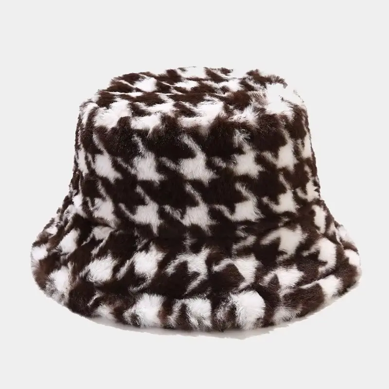 Autumn and Winter Fisherman Hat Women's New Thick Plush Travel Warm Qianniao Grid Basin Hat Imitation Rabbit Fur Hat