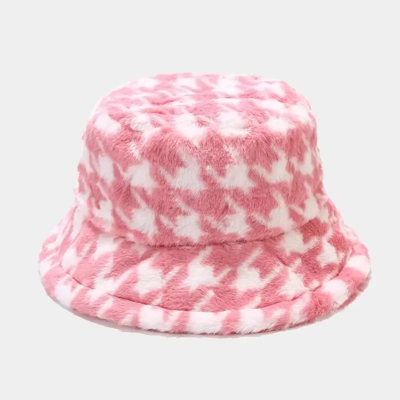 Autumn and Winter Fisherman Hat Women's New Thick Plush Travel Warm Qianniao Grid Basin Hat Imitation Rabbit Fur Hat