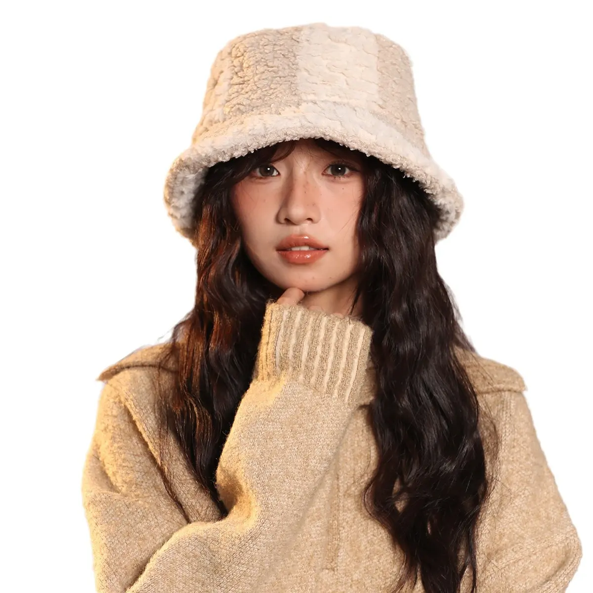 New Autumn and Winter Imitation Lamb Wool Color Blocked Fisherman Hat, Warm and Cold Proof Basin Hat, Water Bucket Hat