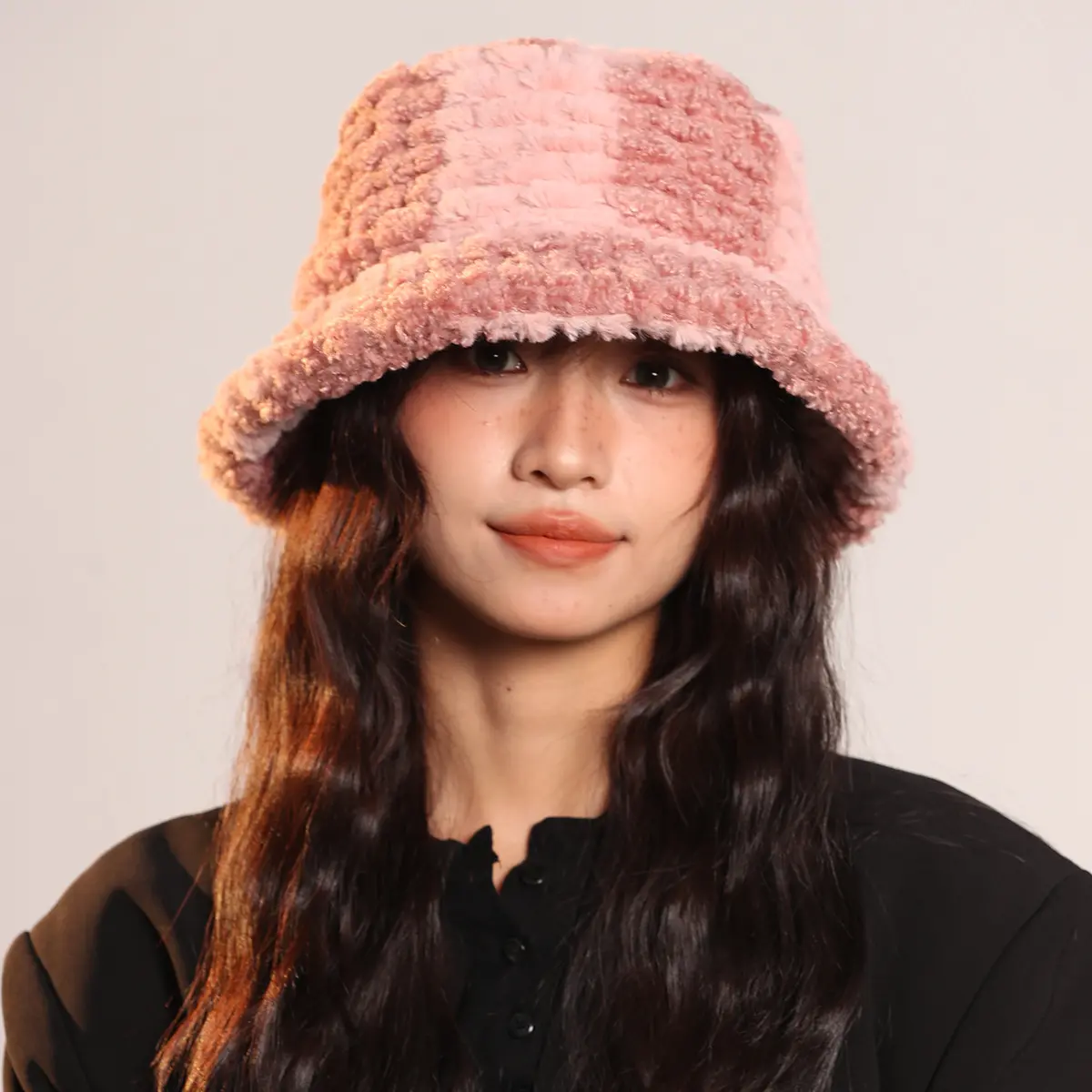 New Autumn and Winter Imitation Lamb Wool Color Blocked Fisherman Hat, Warm and Cold Proof Basin Hat, Water Bucket Hat