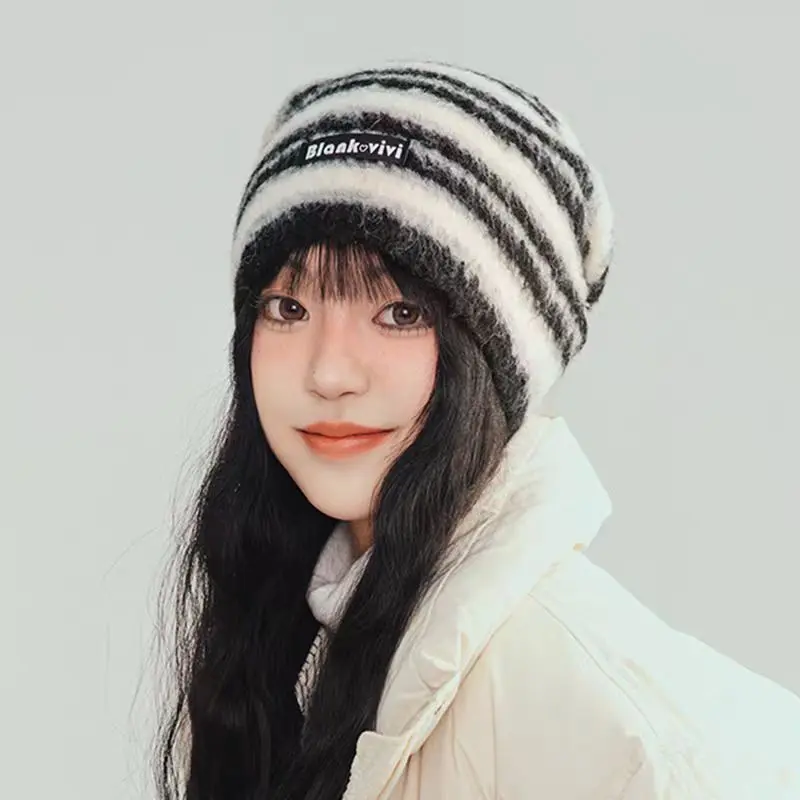 New Striped Autumn and Winter Knitted Hat for Women, Casual and Warm, Versatile for Couples, Woolen Hat Pile Up Hat