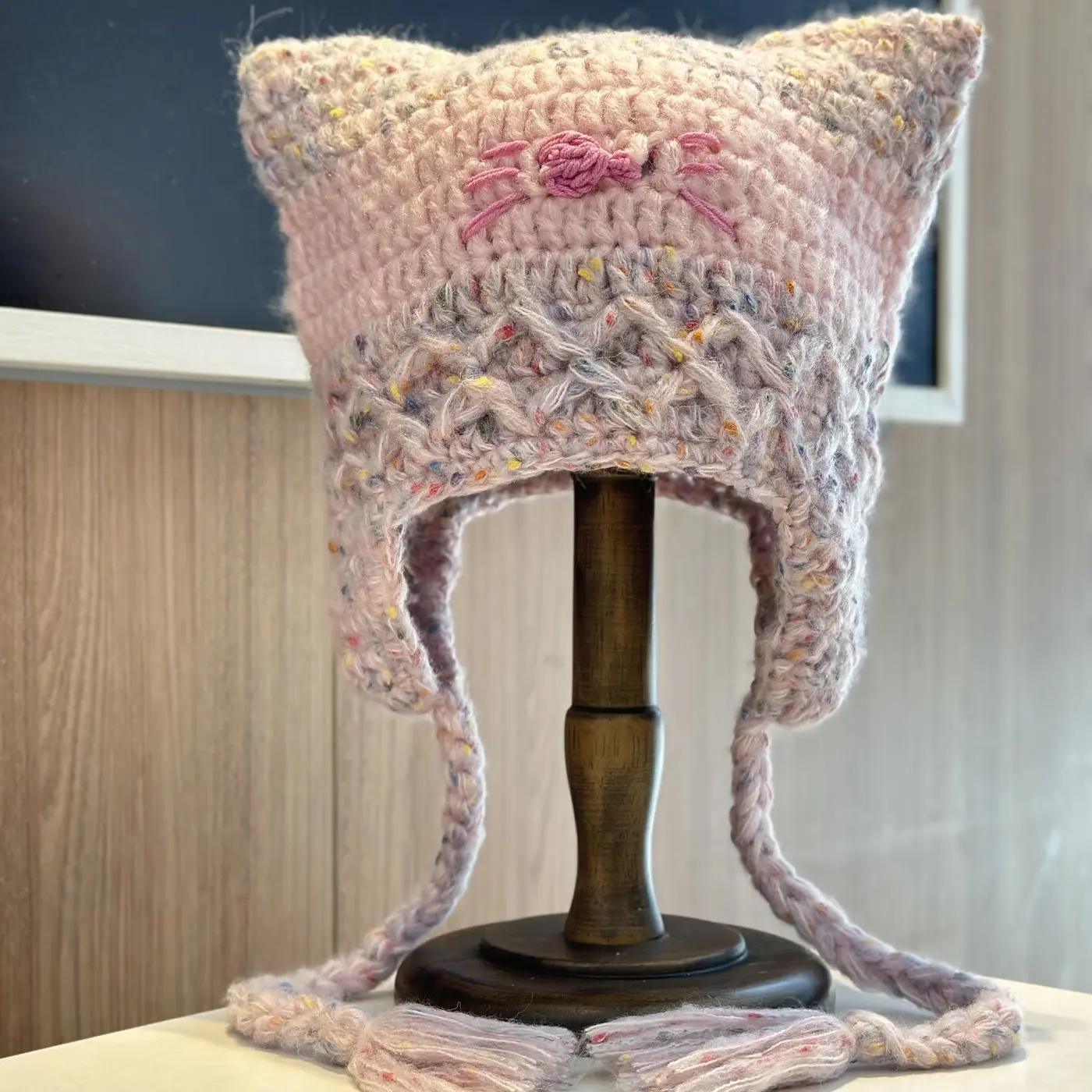 Cute Cat Handmade Pink Braid Strapped Woolen Hat Women's Winter Warm Ear Protection Hoodie