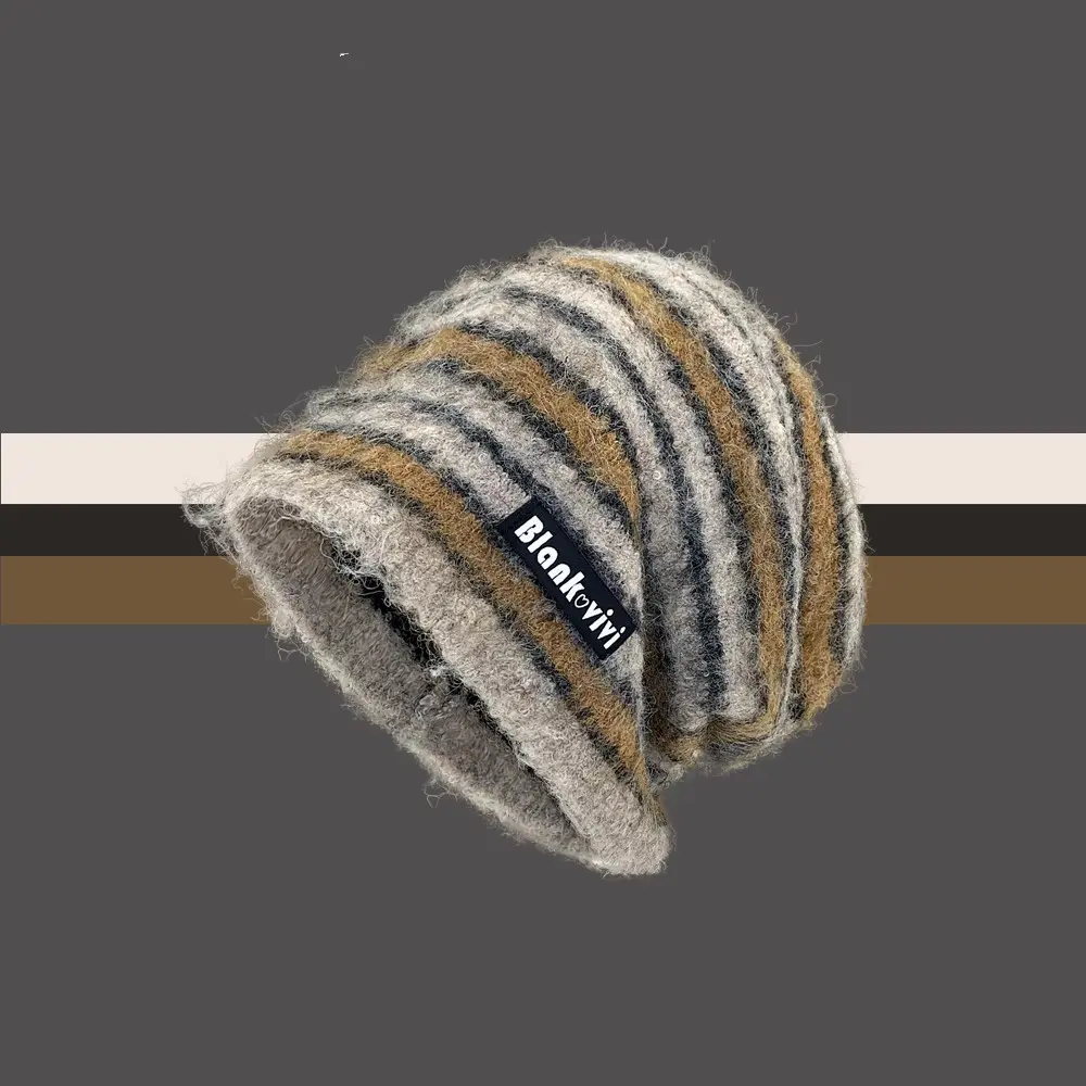 New Striped Autumn and Winter Knitted Hat for Women, Casual and Warm, Versatile for Couples, Woolen Hat Pile Up Hat