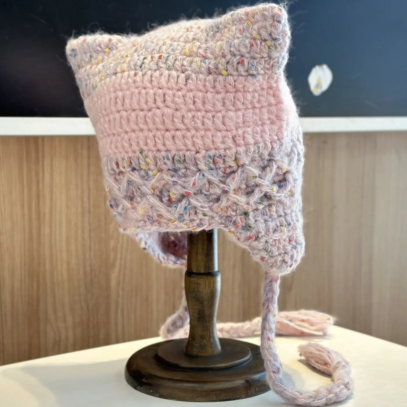 Cute Cat Handmade Pink Braid Strapped Woolen Hat Women's Winter Warm Ear Protection Hoodie