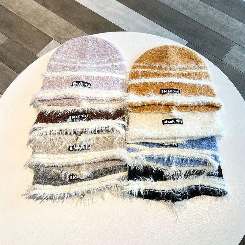 New Plush Knitted Knitted Woolen Hat, Baotou Stacking Hat, Color blocked Striped Warm Ear Protection Hat
