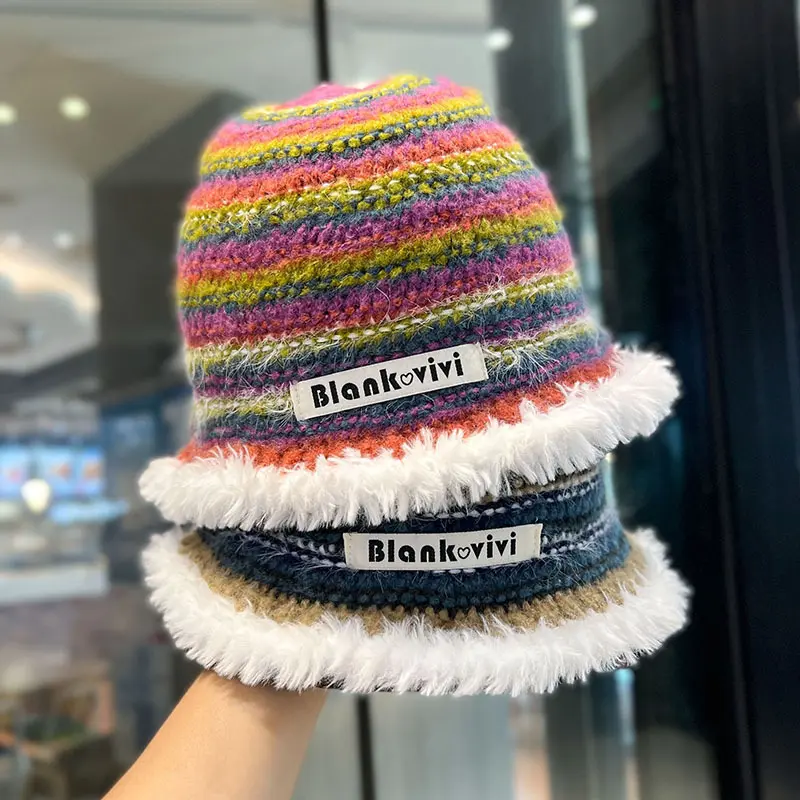 Japanese Colored Striped Color Blocked Fisherman Hat, Women's Knitted Woolen Hat, Autumn and Winter Retro Basin Hat