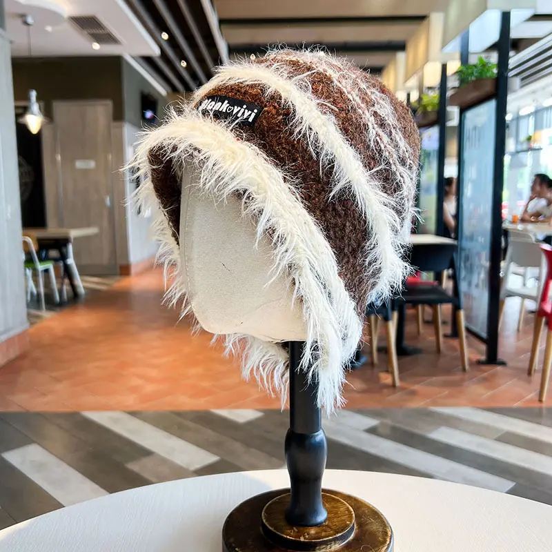 New Plush Knitted Knitted Woolen Hat, Baotou Stacking Hat, Color blocked Striped Warm Ear Protection Hat