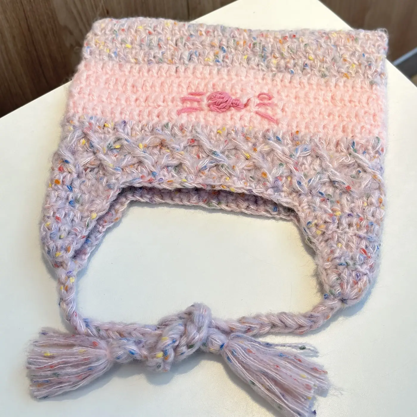 Cute Cat Handmade Pink Braid Strapped Woolen Hat Women's Winter Warm Ear Protection Hoodie
