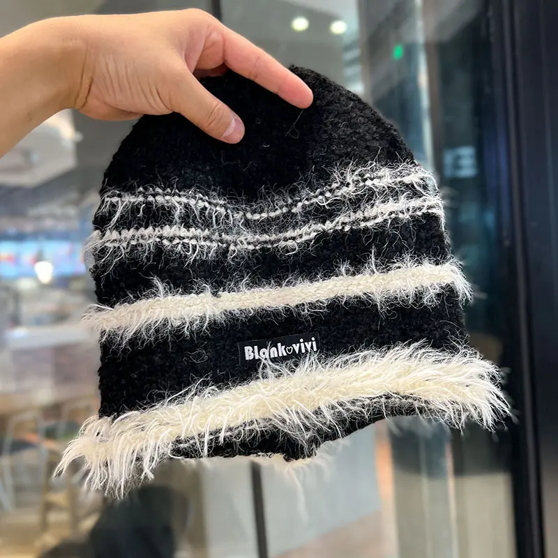 New Plush Knitted Knitted Woolen Hat, Baotou Stacking Hat, Color blocked Striped Warm Ear Protection Hat