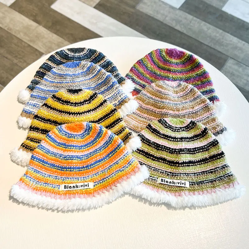 Japanese Colored Striped Color Blocked Fisherman Hat, Women's Knitted Woolen Hat, Autumn and Winter Retro Basin Hat