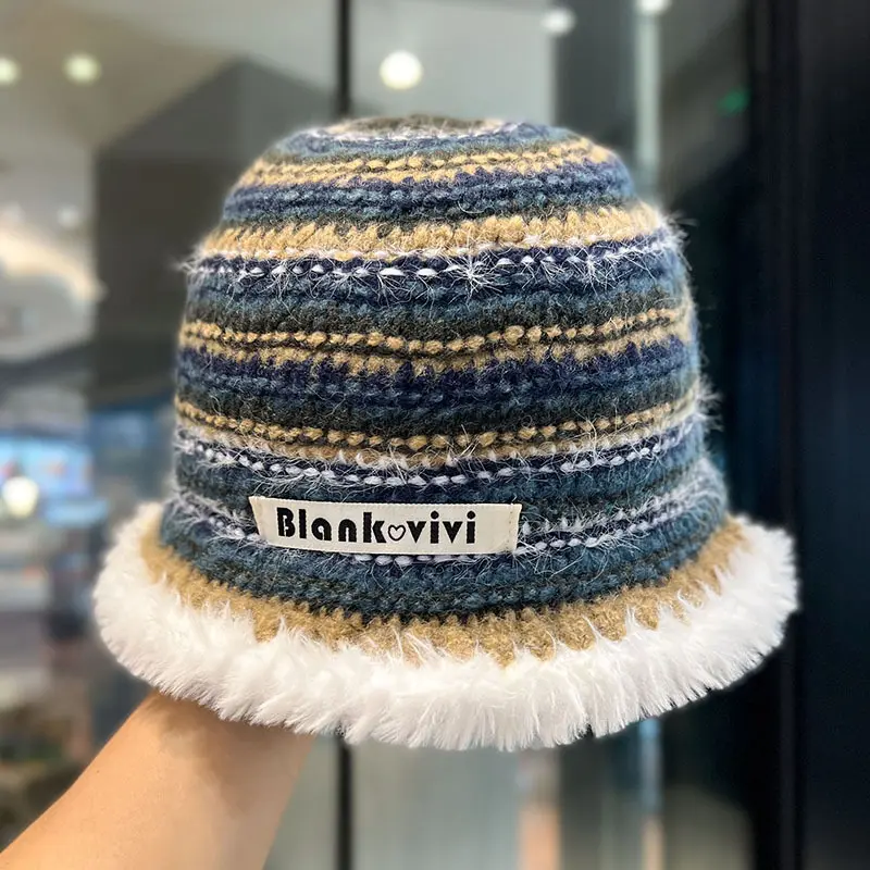 Japanese Colored Striped Color Blocked Fisherman Hat, Women's Knitted Woolen Hat, Autumn and Winter Retro Basin Hat