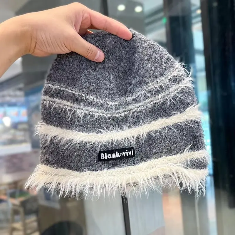 New Plush Knitted Knitted Woolen Hat, Baotou Stacking Hat, Color blocked Striped Warm Ear Protection Hat