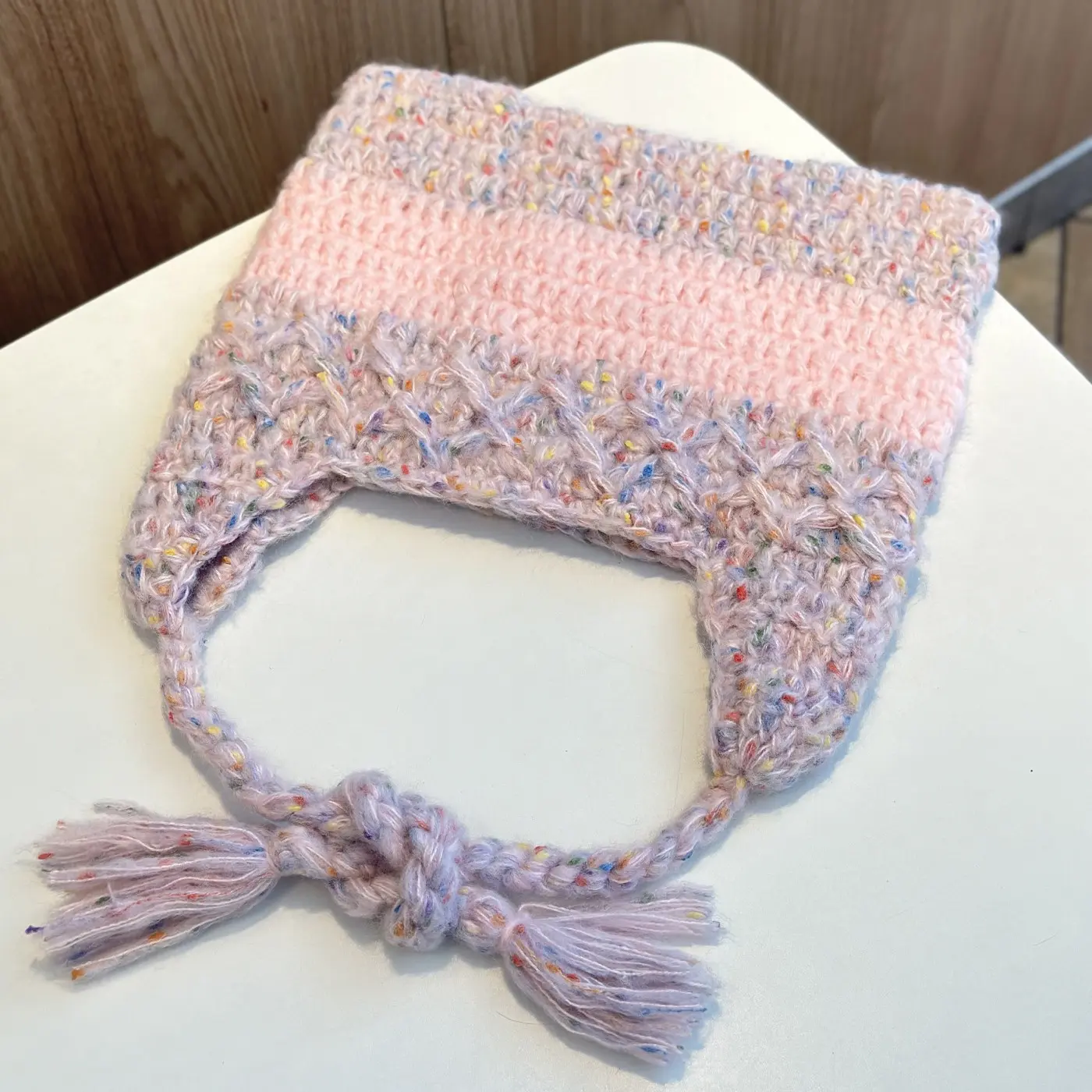 Cute Cat Handmade Pink Braid Strapped Woolen Hat Women's Winter Warm Ear Protection Hoodie