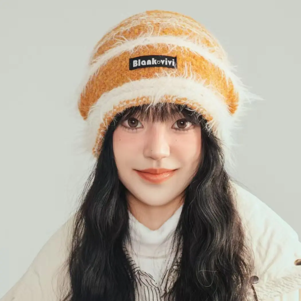 New Plush Knitted Knitted Woolen Hat, Baotou Stacking Hat, Color blocked Striped Warm Ear Protection Hat