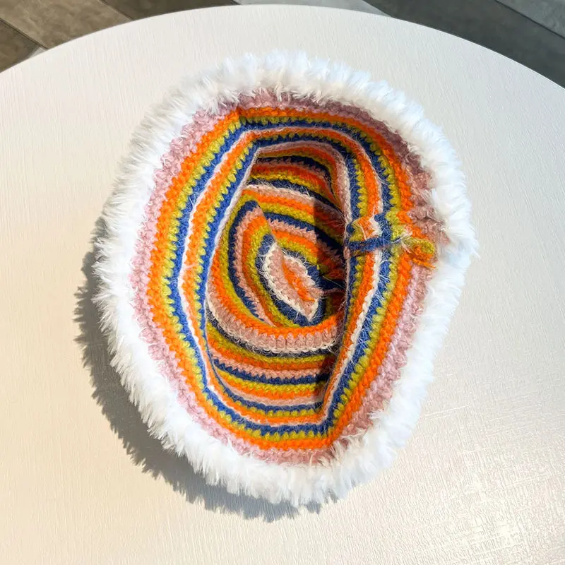 Japanese Colored Striped Color Blocked Fisherman Hat, Women's Knitted Woolen Hat, Autumn and Winter Retro Basin Hat
