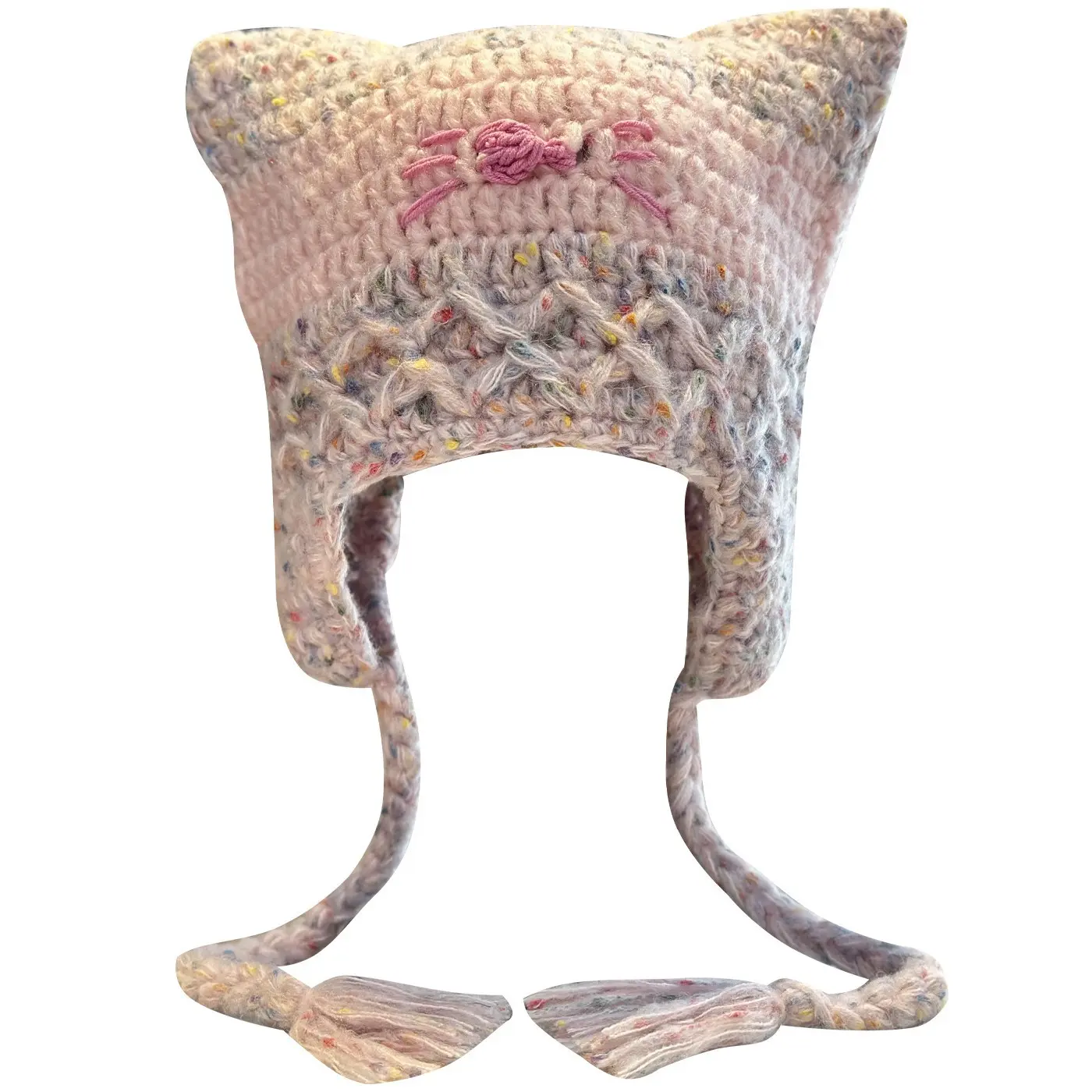 Cute Cat Handmade Pink Braid Strapped Woolen Hat Women's Winter Warm Ear Protection Hoodie