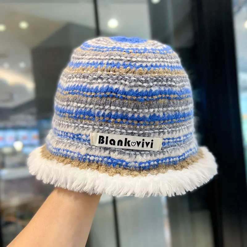 Japanese Colored Striped Color Blocked Fisherman Hat, Women's Knitted Woolen Hat, Autumn and Winter Retro Basin Hat