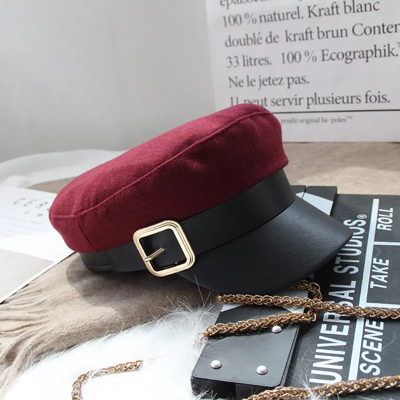 Women Black Military Hats Autumn Winter Fashion Wool Pu Leather Patchwork Newsboy Caps With Belt Female Gorras