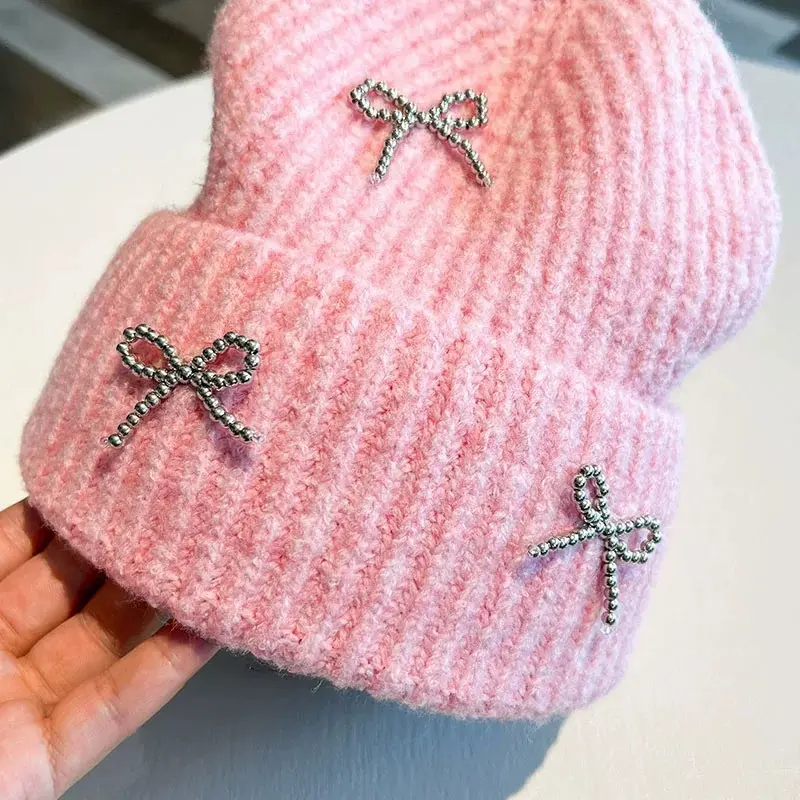 Korean Bow Knitted Woolen Hat for Women, Autumn and Winter, Thick and Versatile Ear Protection, Cold Hat with Toe Cap