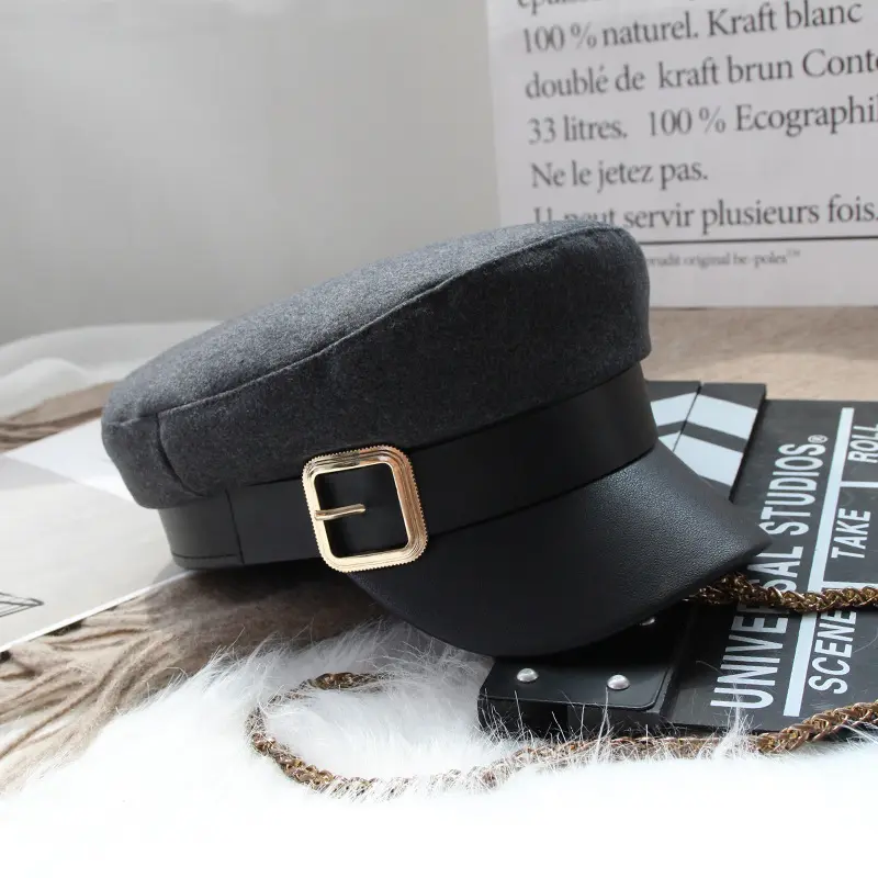 Women Black Military Hats Autumn Winter Fashion Wool Pu Leather Patchwork Newsboy Caps With Belt Female Gorras