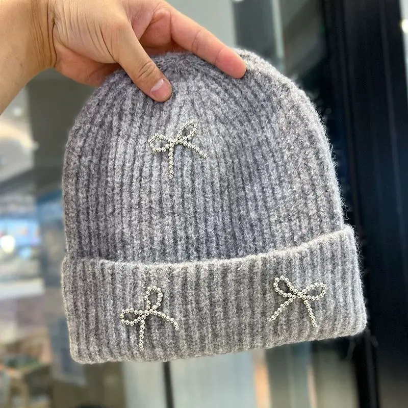 Korean Bow Knitted Woolen Hat for Women, Autumn and Winter, Thick and Versatile Ear Protection, Cold Hat with Toe Cap