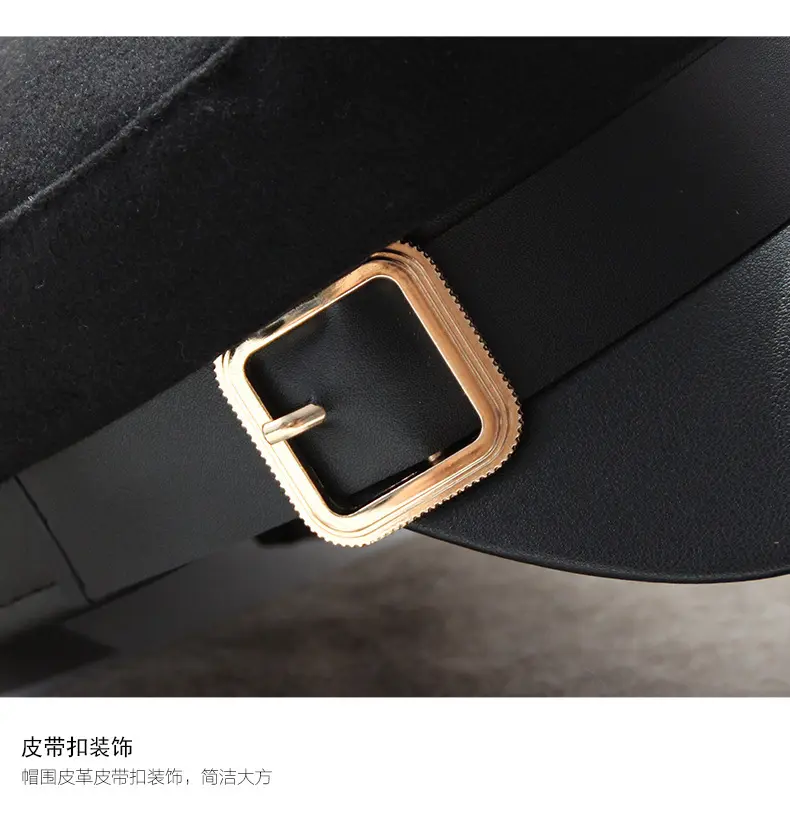 Women Black Military Hats Autumn Winter Fashion Wool Pu Leather Patchwork Newsboy Caps With Belt Female Gorras