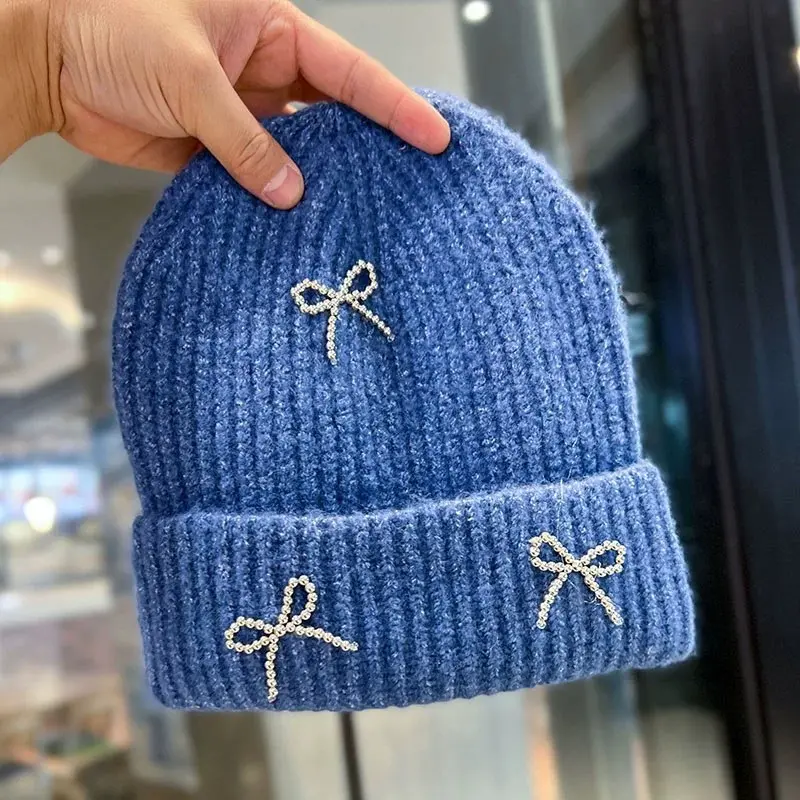 Korean Bow Knitted Woolen Hat for Women, Autumn and Winter, Thick and Versatile Ear Protection, Cold Hat with Toe Cap