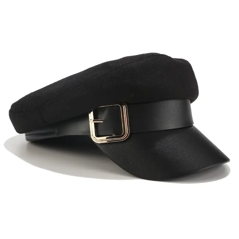 Women Black Military Hats Autumn Winter Fashion Wool Pu Leather Patchwork Newsboy Caps With Belt Female Gorras