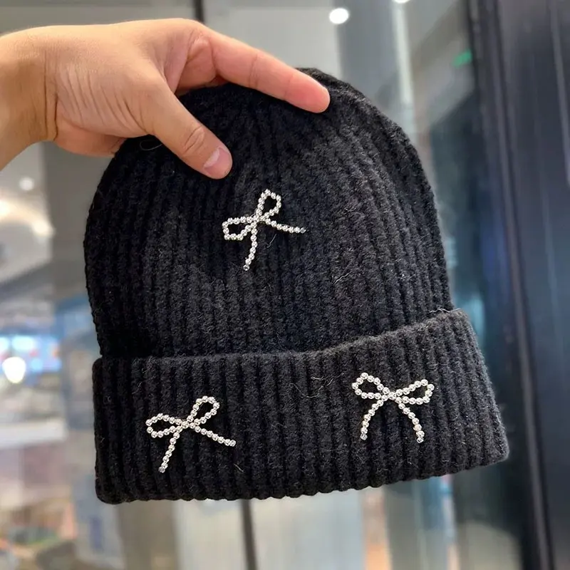 Korean Bow Knitted Woolen Hat for Women, Autumn and Winter, Thick and Versatile Ear Protection, Cold Hat with Toe Cap