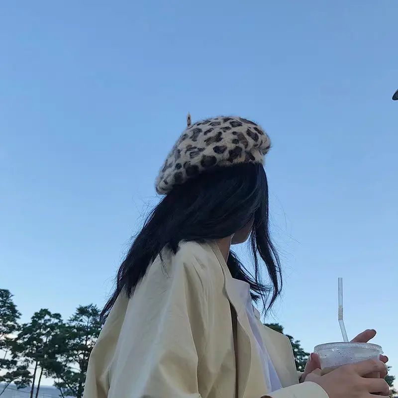 2023 Winter Chic Women Fuzzy Rabbit Hair Leopard Berets Warm Cozy Animal Printed Rabbit Hair Knitted Hats