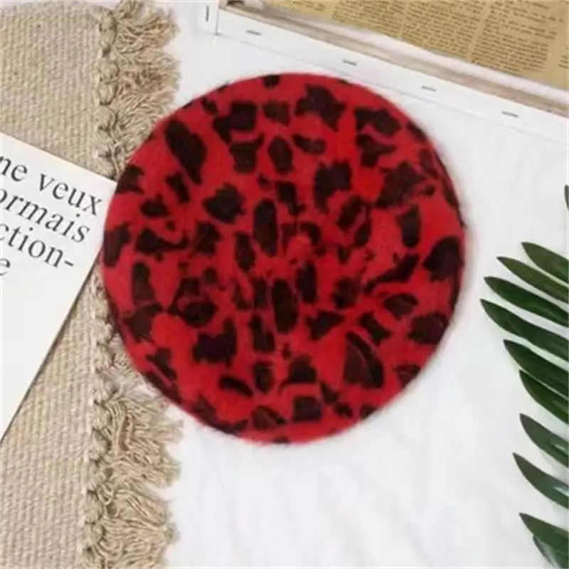 2023 Winter Chic Women Fuzzy Rabbit Hair Leopard Berets Warm Cozy Animal Printed Rabbit Hair Knitted Hats