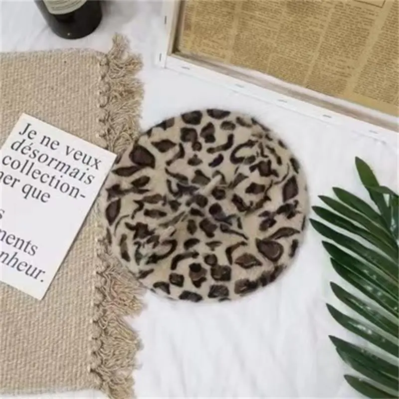 2023 Winter Chic Women Fuzzy Rabbit Hair Leopard Berets Warm Cozy Animal Printed Rabbit Hair Knitted Hats